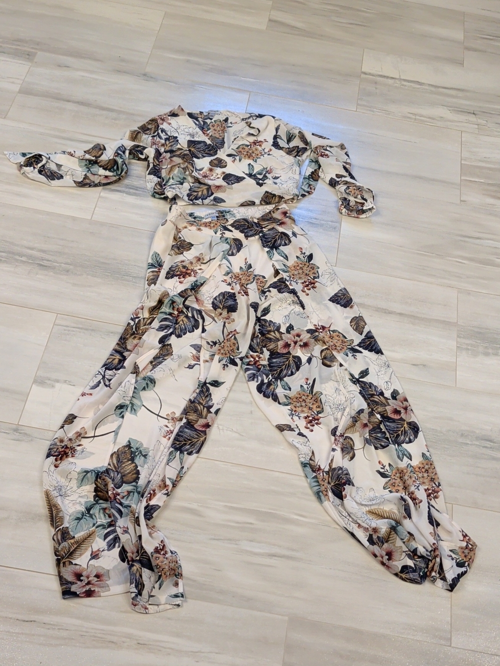 Fashion Nova Cream Floral Wide-Leg Set with Botanical Print